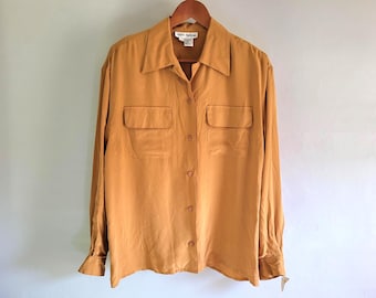 Mustard Yellow Silk Button Down Blouse - Vintage 80s - Womens Size 12
