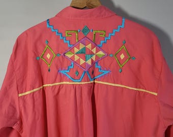 Roze Southwest geborduurd shirt - Vintage jaren 90 IB Diffusion - damesmaat 14