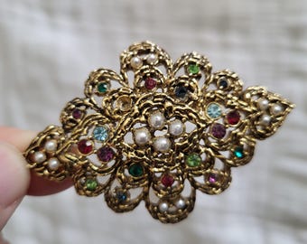 Vintage Gold Tone Bejeweled Brooch - Costume Jewelry Pin