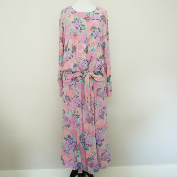 Vintage Floral Dress Long Drop Waist 80s Dress Pin