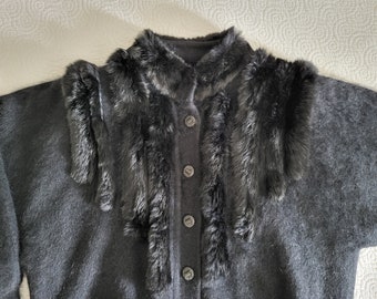Angora Rabbit Fur Trimmed Cardigan Sweater Jacket Large XL