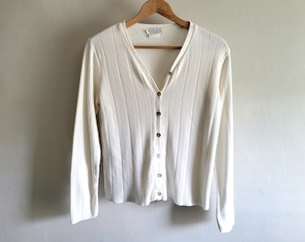 Rib Knit White Cardigan - Vintage 80s Pierre Cardin - Womens Size Medium