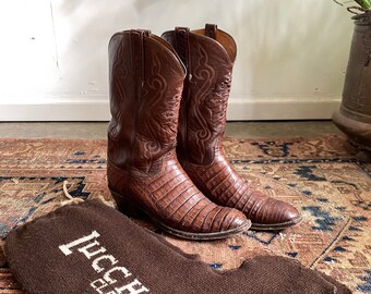 Vintage Lucchese Brown Alligator Leather Ostrich Inlay Mens Cowboy Boots 11D with knit Storage Socks