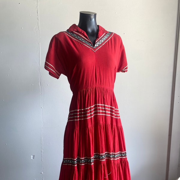 1950s Tregos Westwear Red Square Dancing Western Dress Medium