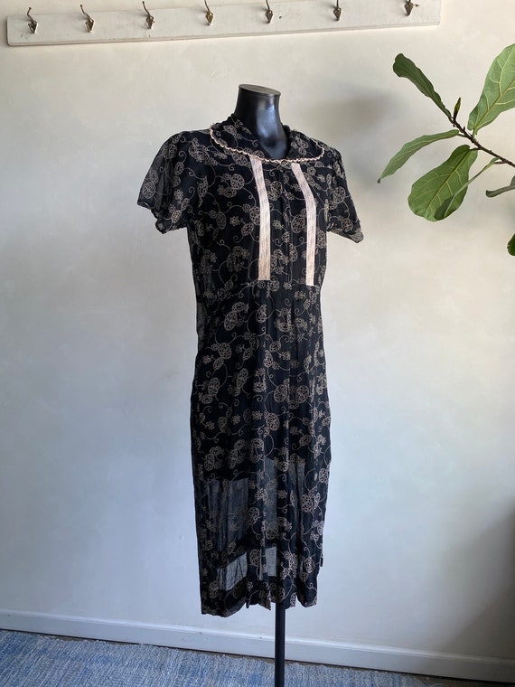 1920-30s Black Sheer Floral Dot Dress S-M