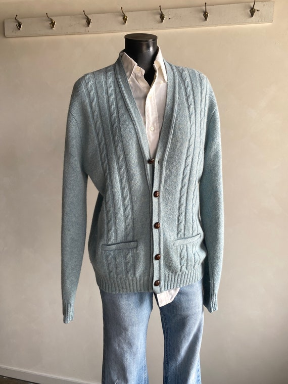 60s/70s Jantzen Light Blue Cable Knit Cardigan L - image 1