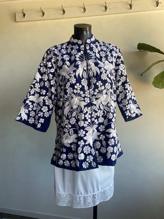 Vintage Dark Blue Floral Asian Embroidered Jacket - image 1