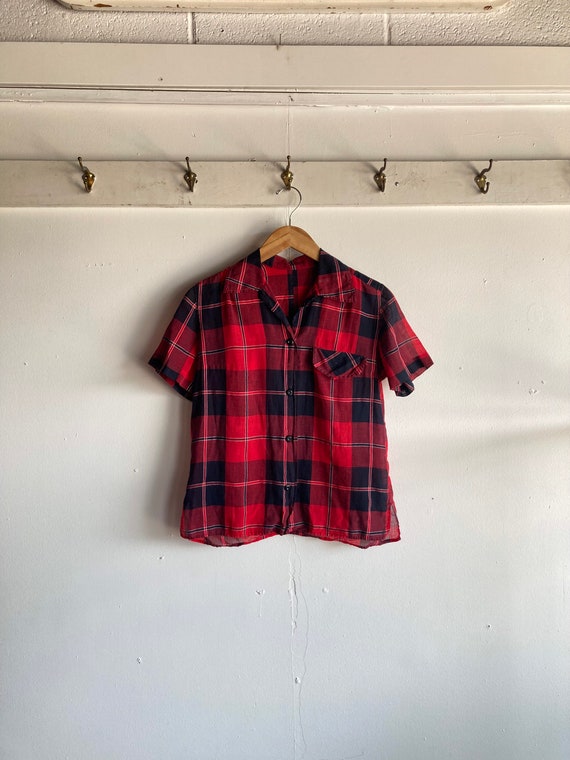 50s/60s Unbranded Plaid Pattern Blouse Size S/M