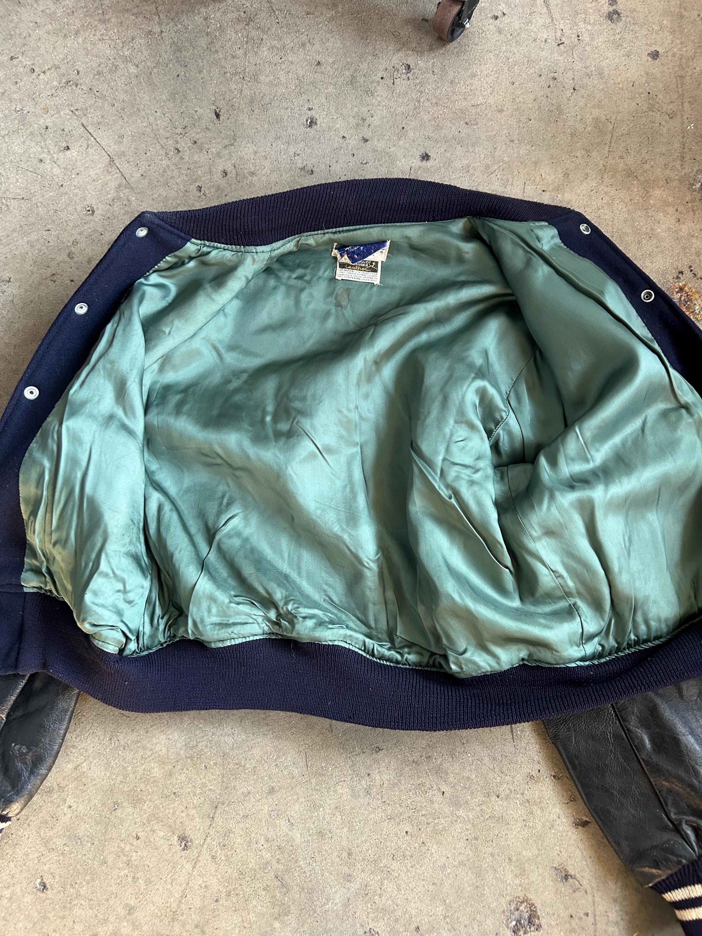 1960s Navy Black Leather Sleeve Hopkins Letterman Varsity Jacket L