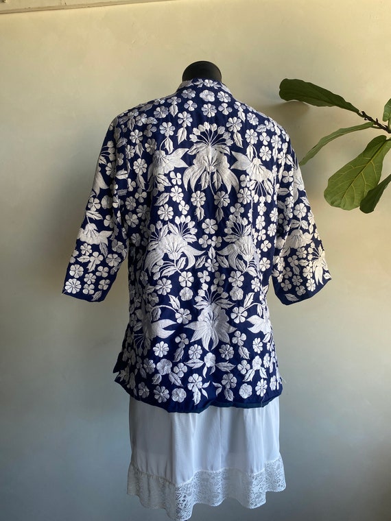 Vintage Dark Blue Floral Asian Embroidered Jacket - image 7