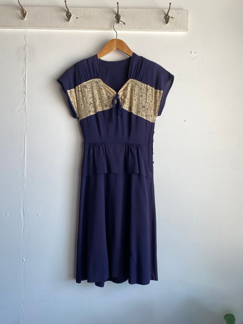 1940s Navy Blue Lace Detail Midi Dress XS - Etsy