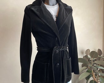 1970s Act III Black Velvet Belted Blazer Jacket Womens Small