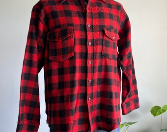 1950s LL Bean Buffalo Check Heavy Wool Red Black Button Up Shirt Jacket 17 XL