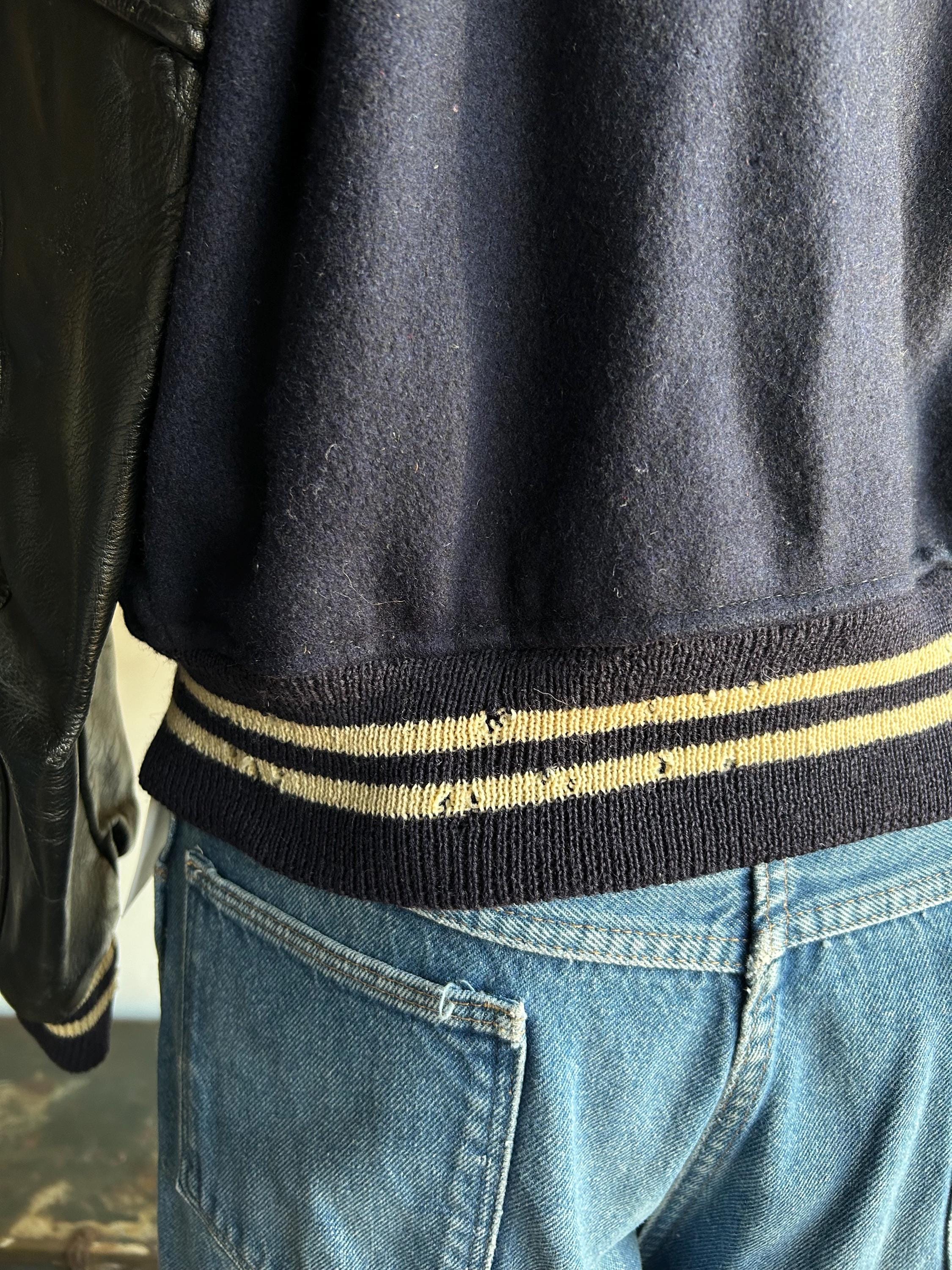 1960s Navy Black Leather Sleeve Hopkins Letterman Varsity Jacket L