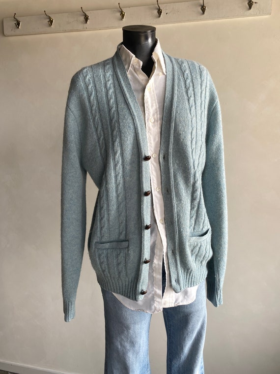 60s/70s Jantzen Light Blue Cable Knit Cardigan L - image 2