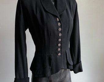 1940s Hutzels Des Moines Black Gabardine Fitted Womens Blazer Jacket Small