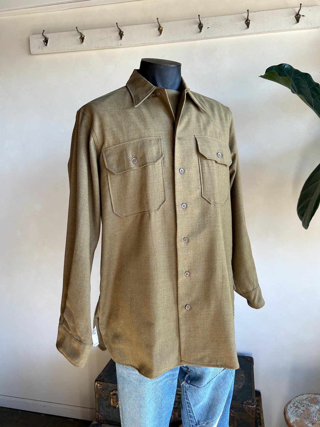 1940s OD Military Wool Southern Mfg Chem Shield Button up