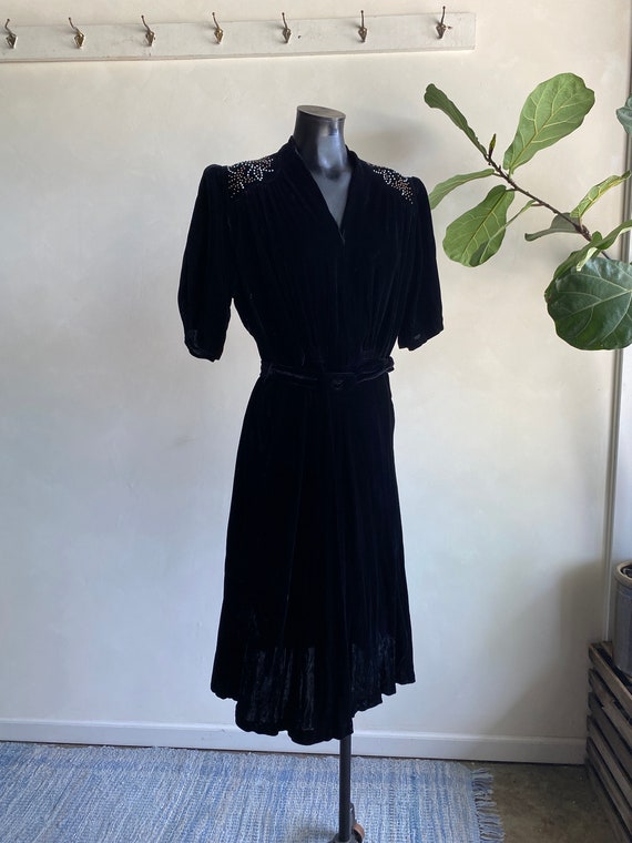 1930s Black Velvet Studded Dress Rare Large Size