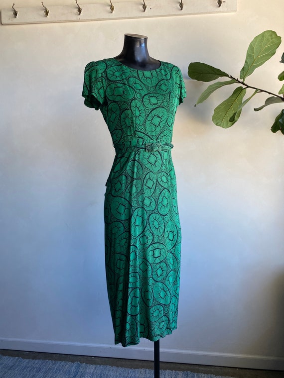 1930s Green Black Patterned Dress With Jacket and 