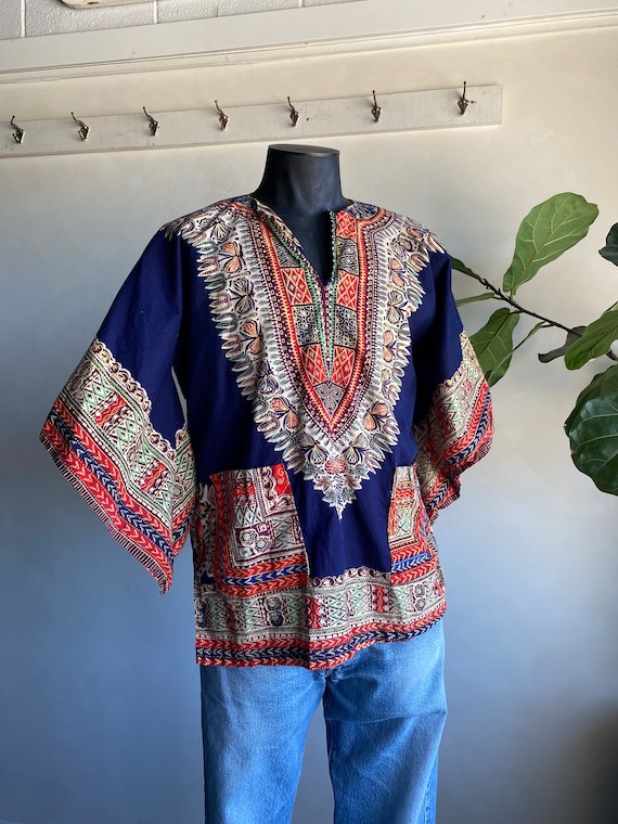 1970s Colorful Hippie Cotton Colorful Tunic Shirt