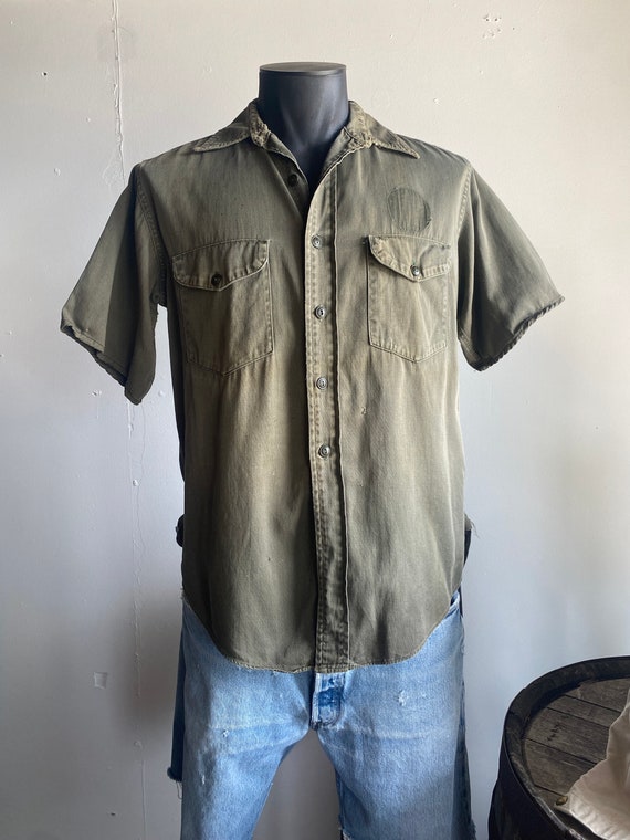 1940s Sweet Orr Olive Drab Distressed Gusseted Wo… - image 1