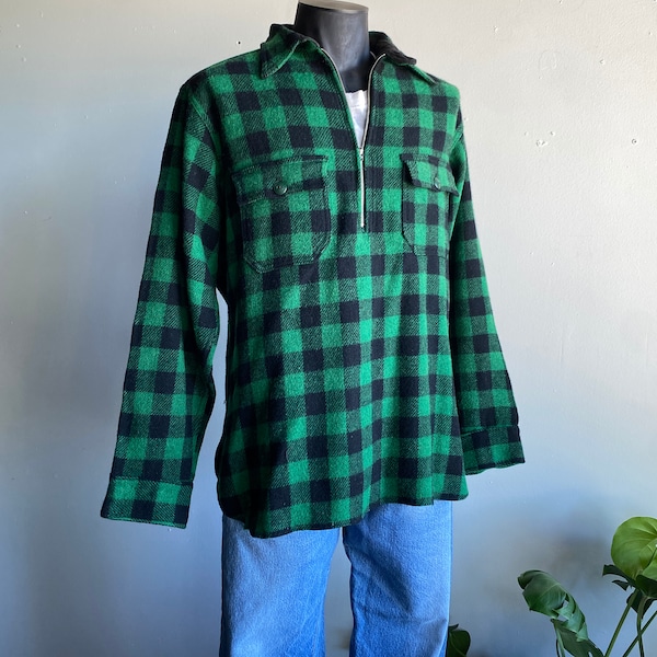 1930’s Penn Rich Green Black Check Wool Chin Strap Gusseted Quarter Zip Pullover Jacket