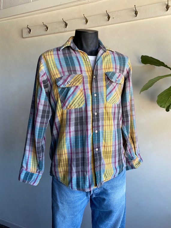 1980s Five Brother Gray Yellow Purple Teal Plaid H
