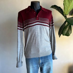 1980s Jantzen Soft Maroon Polo Henley Striped Pullover Sweater L