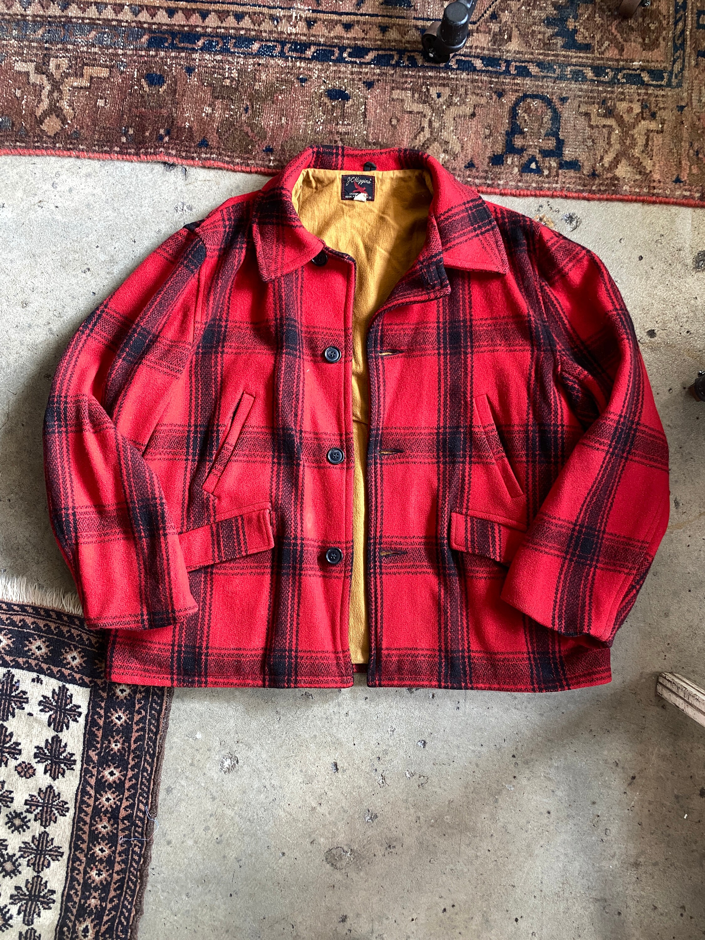 1950s JC Higgins Red Plaid Heavy Wool Mackinaw Hunting Winter Coat