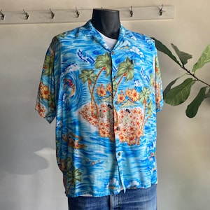 1990s Ocean Current Blue Rayon Hawaiian Button Up Shirt L