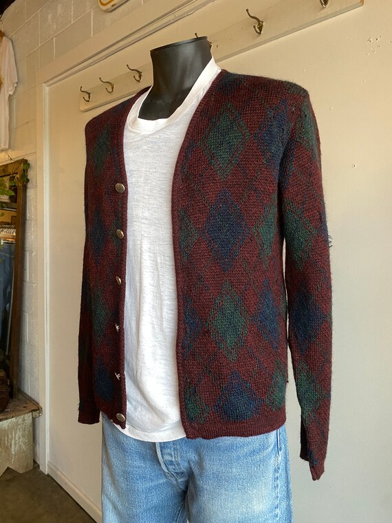 1960s Sears Sportswear Dark Maroon Argyle Button up Wool Mohair 