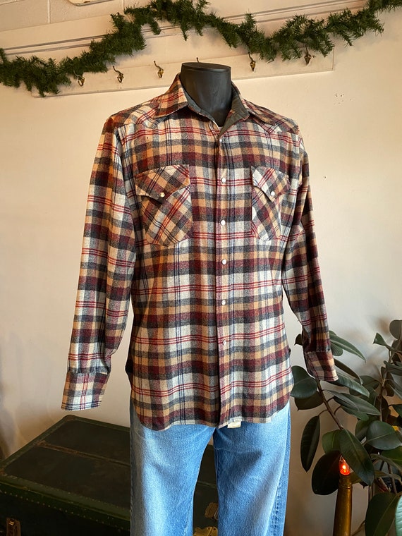 1970s Pendleton Earth Tone Plaid Western Pearl Sna