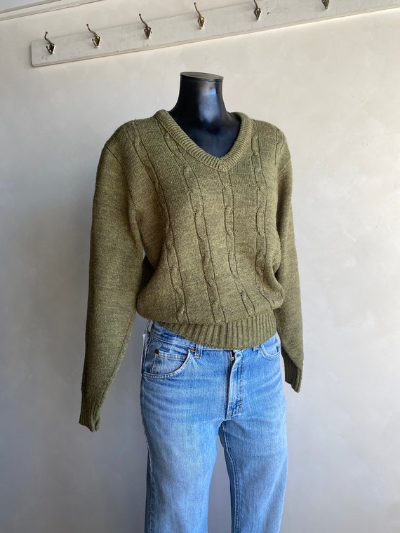 1960s/70s Campus Olive Cable Knit Pullover Sweate… - image 1