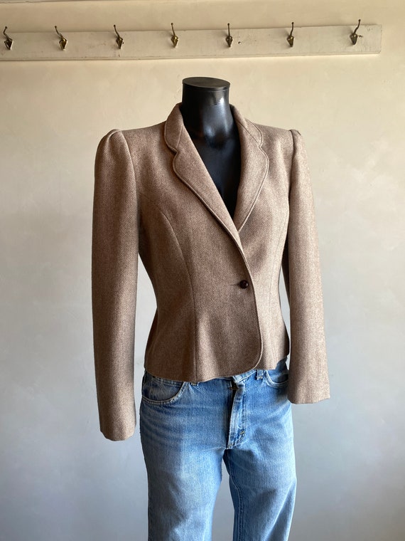 70s Tan F Jay Herringbone Cropped Womens Blazer Sm