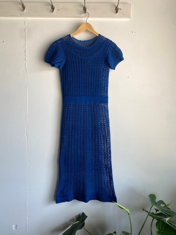 1930s Hand Crochet Vibrant Blue Dress XS