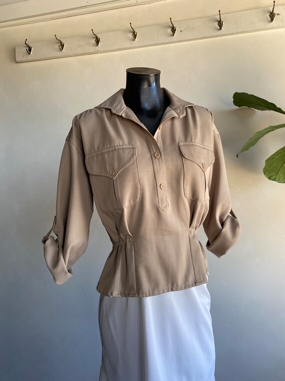 1970s Homemade Khaki Gabardine Women’s Blouse Sma… - image 2