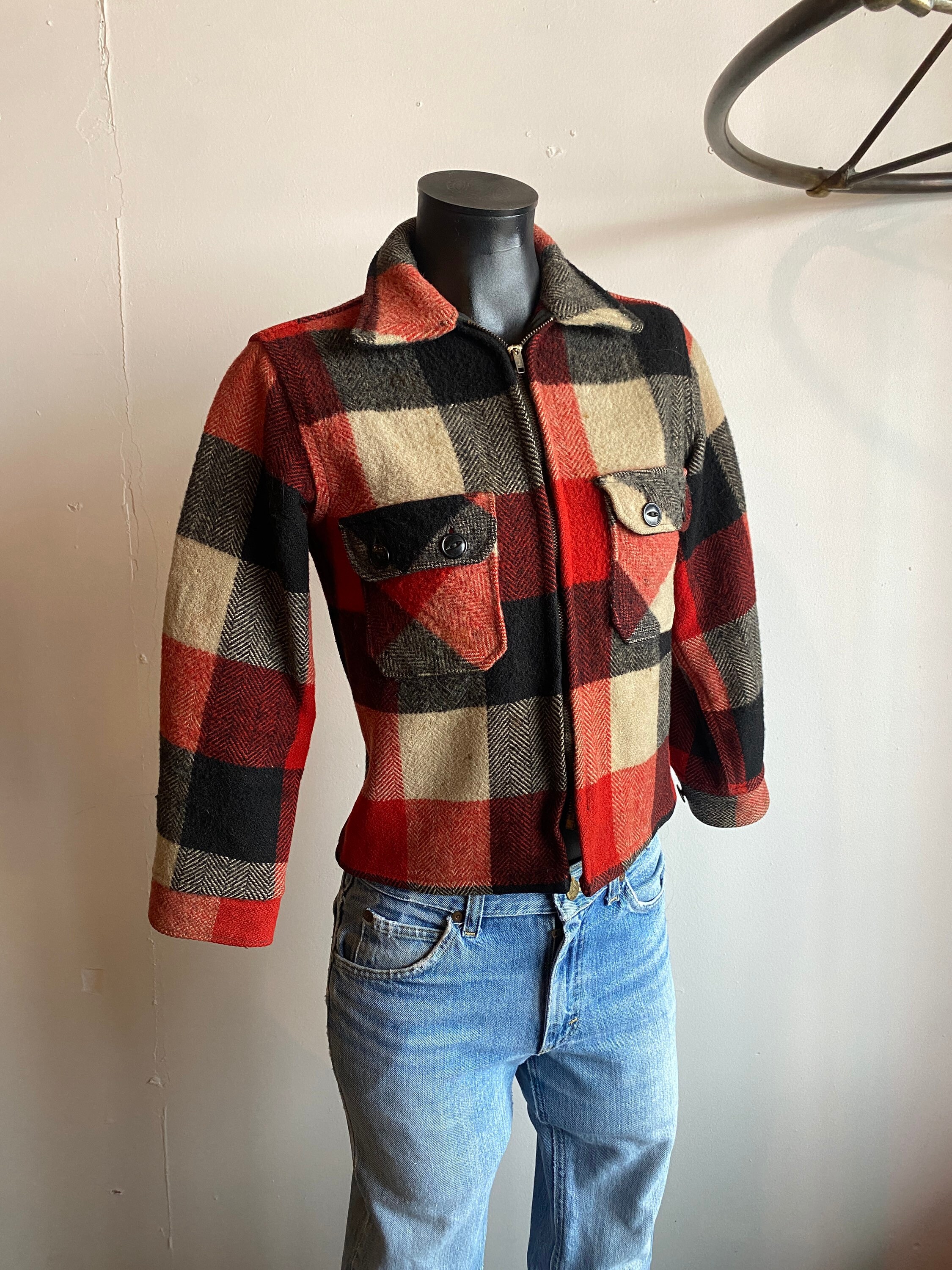 1940s Montgomery Ward XS Zip Wool Check Red Black and Cream Jacket