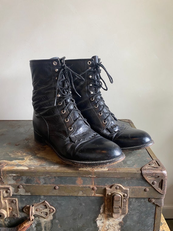 1980s Black Justin Leather Lace Up Classic Roper B