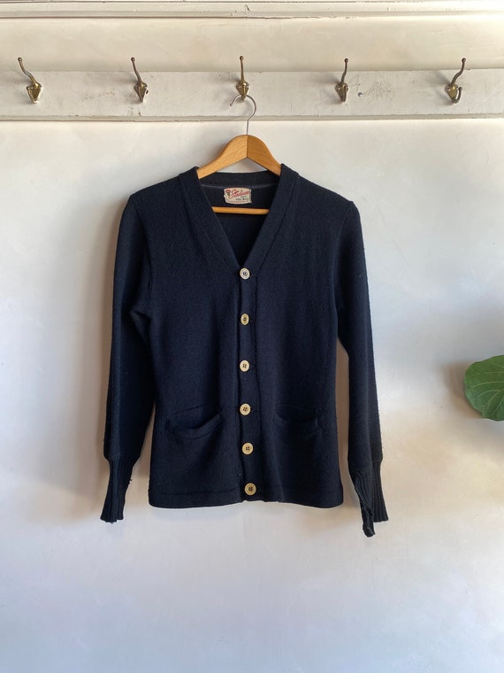 1940s/50s Stadium Black Wool Knit Button Up Cardig