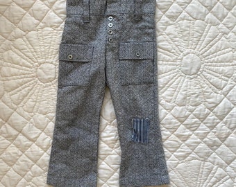 Adorable Children's Gray Salt and Pepper 1960s faux button fly Kids High Rise Patched Bell Bottom Trousers