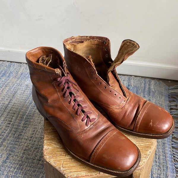 Antique Brown Leather Womens Lace Up Ankle Boots 8-8.5