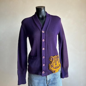 1950s Purple Wool Class Varsity Cardigan Sweater Mac Perth As is XS-S