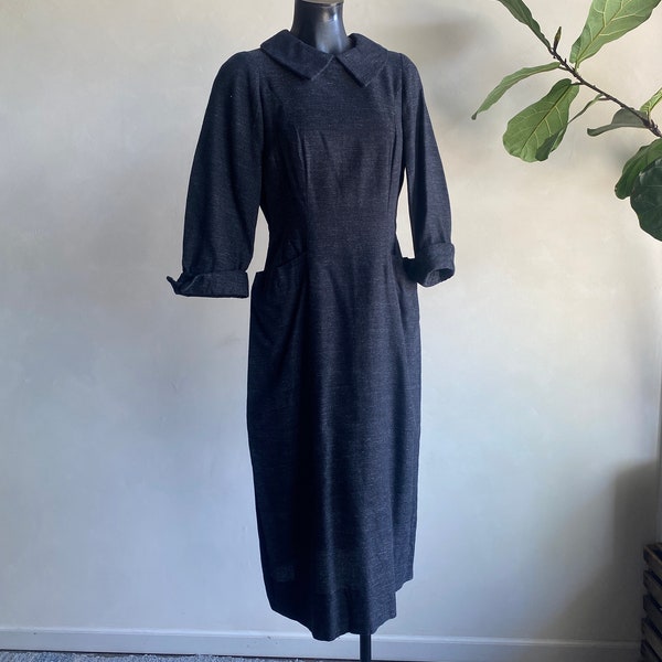 1940s Charcoal Blue Gray Textured Cotton Dress Small