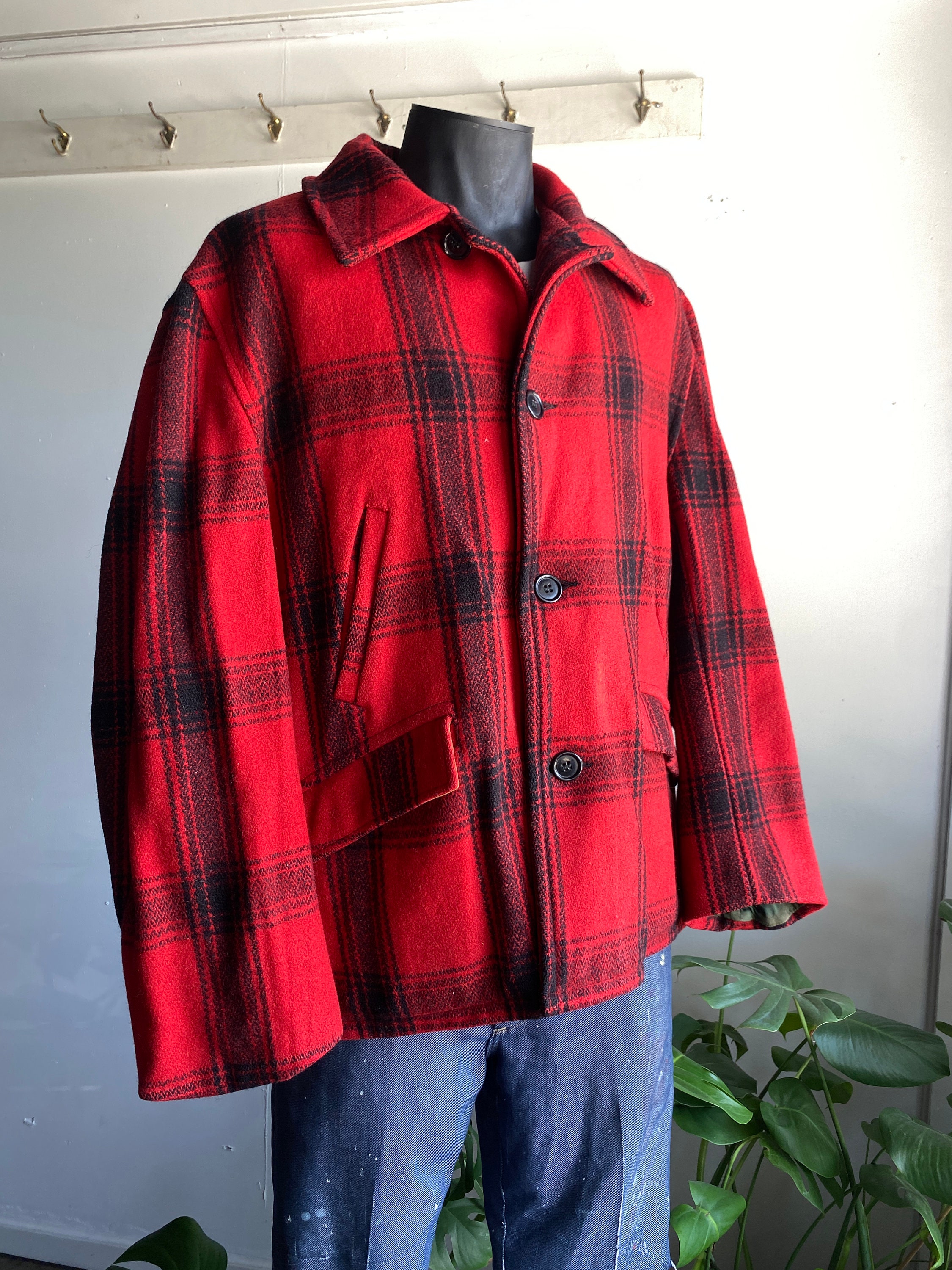 1950s JC Higgins Red Plaid Heavy Wool Mackinaw Hunting Winter Coat
