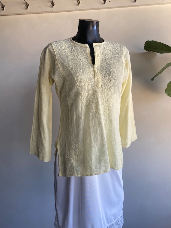 1970s Pale Yellow Embroidered Cotton Gauze Blouse 