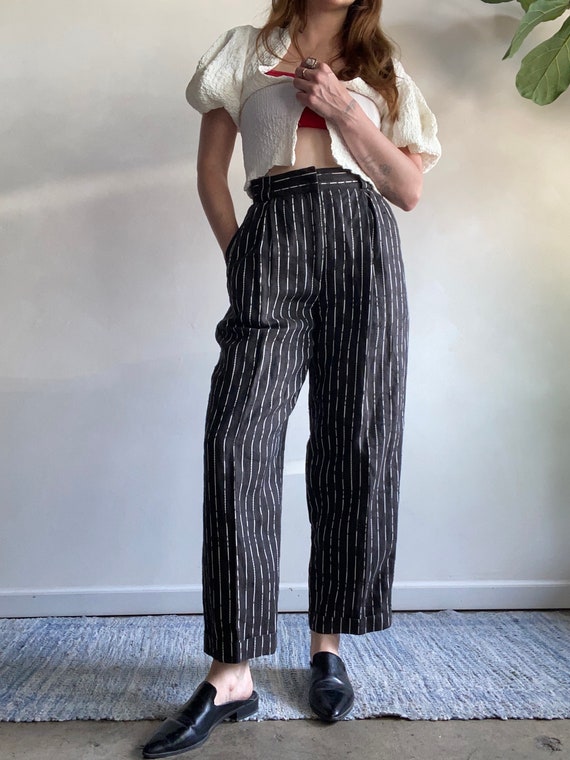 1980s Versace Black Linen Striped Popcorn Trousers