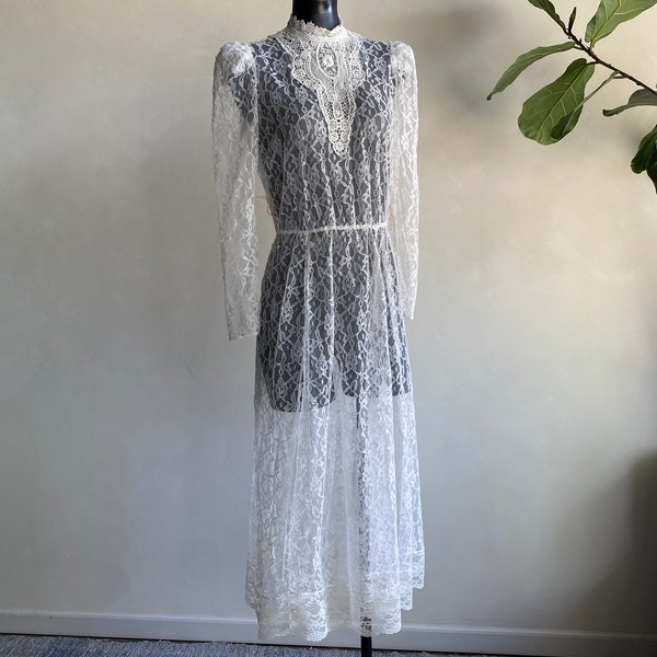 1970s JcPenney Ivory Lace Victorian Style Puff Sleeve Sheer Dress Small