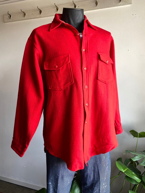 1950s Woolrich Solid Red Wool Button Up Shirt Mens