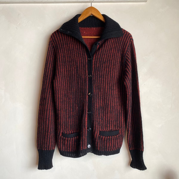 1960s/70s Black Red Unique Unbranded Ribbed Striped Cardigan Sweater S-M