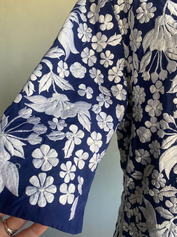 Vintage Dark Blue Floral Asian Embroidered Jacket - image 3